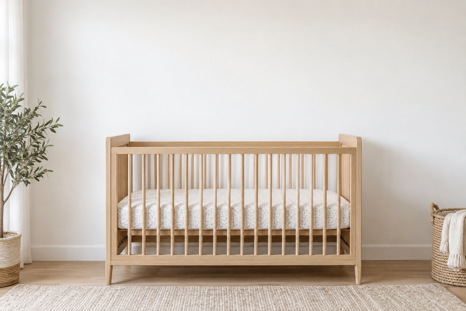 Blank nursery wall above a wooden crib